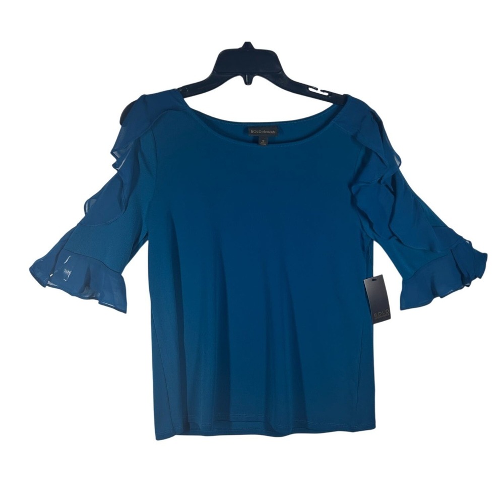 Bold Elements Tahoe Teal Ruffle 3/4 Sleeve Blouse Top Medium NWT - Picture 2 of 8